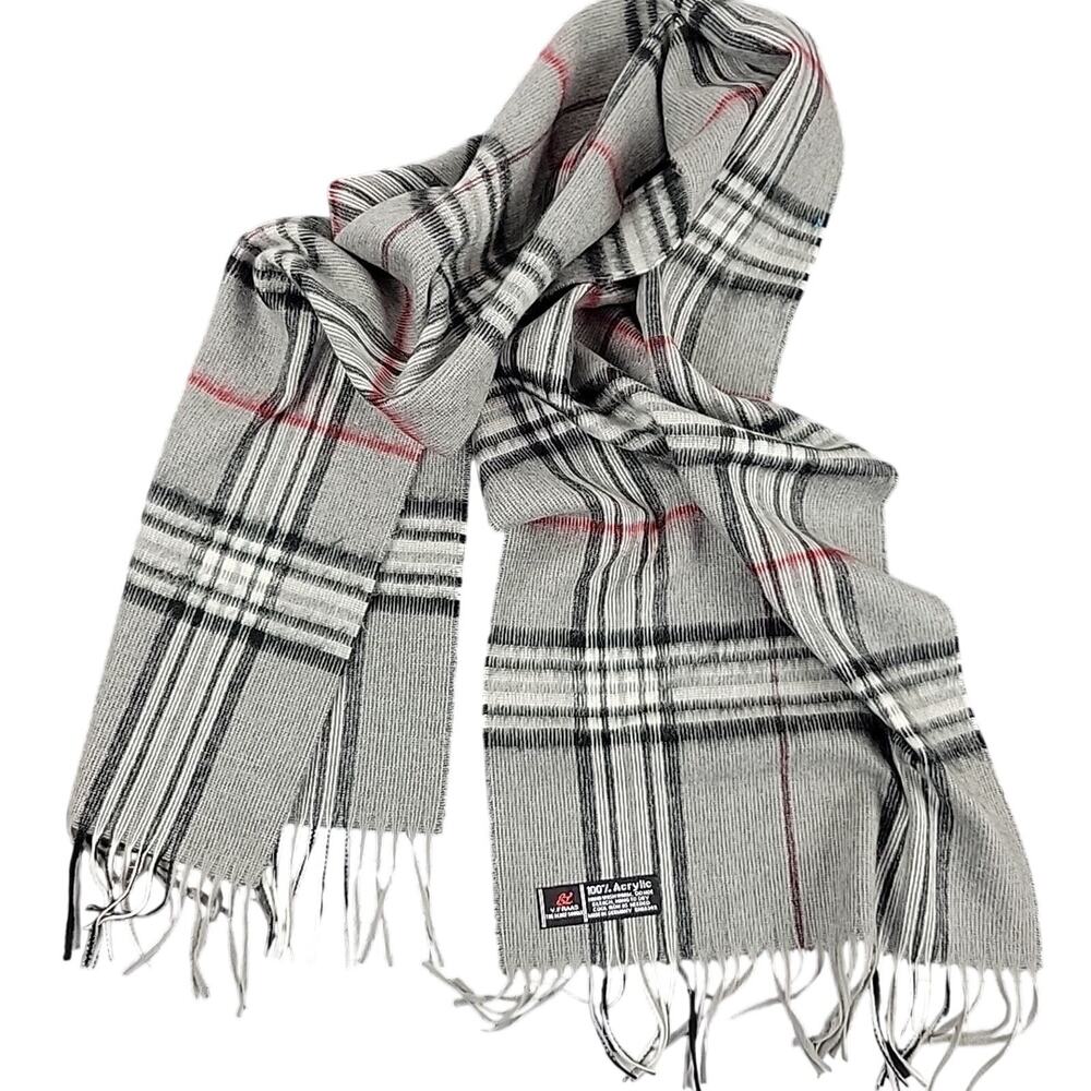 V. Fraas 100 % Acrylic Classic Plaid Scarf Grey Gray White Red RN 66349